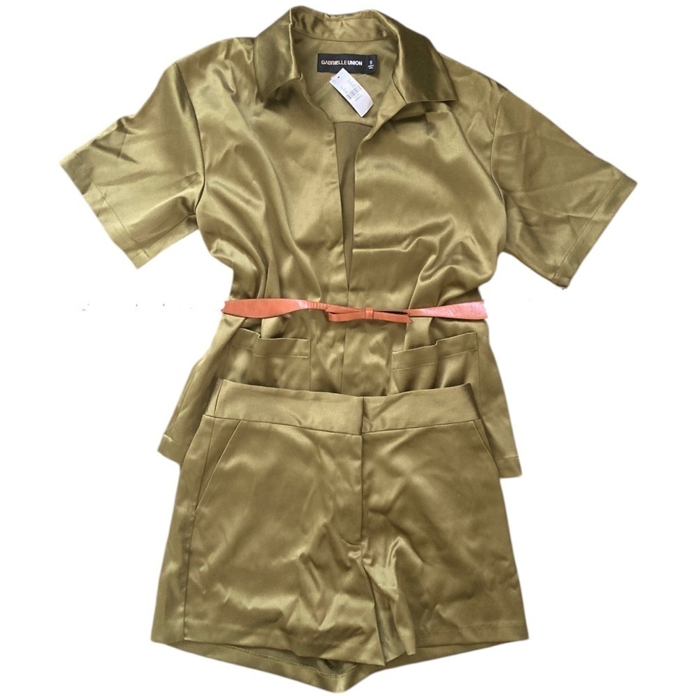 Gabrielle Union Silky Open Front Jacket And High Rise Shorts Chartreuse Green